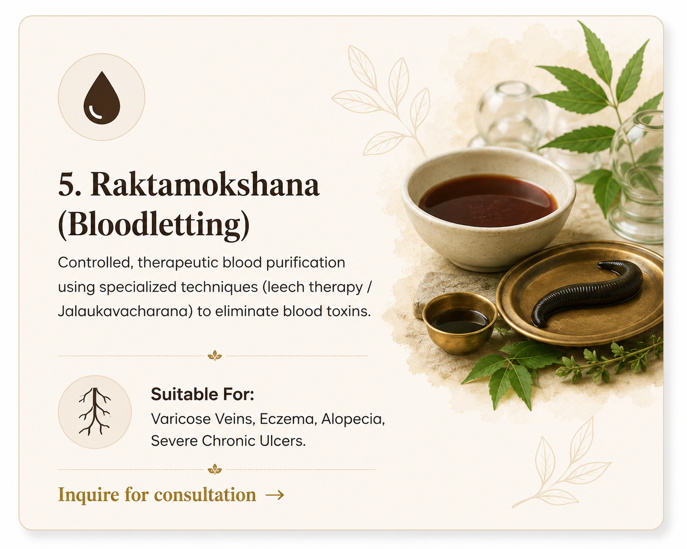 5. Raktamokshana (Bloodletting) - Controlled therapeutic blood purification. Suitable for Varicose Veins, Eczema, Alopecia, Severe Chronic Ulcers.